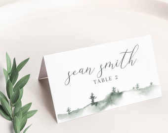 Woodland Forest Wedding Place Card Escort Card Template Green Pine Trees Printable Best Listing