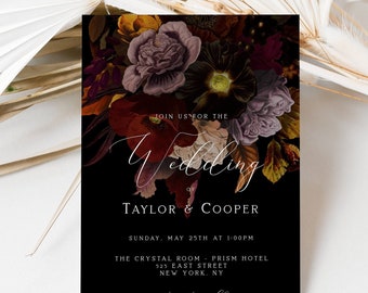 Wine Floral Moody Wedding Invitation, Burgundy Black Wedding Invite Template, Printable Floral Wedding Template, Wedding Invitation DIY