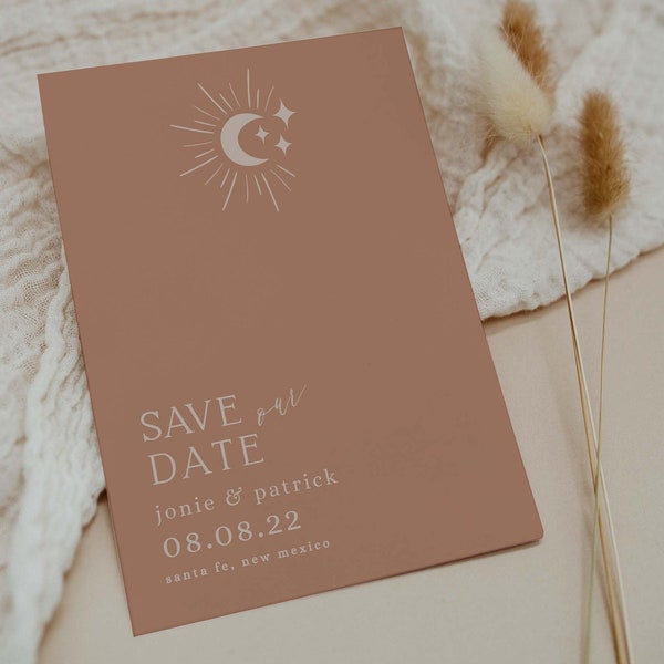 Celestial Save the Date, Celestial Wedding, Sun Moon Stars Template, Printable Save the Date Template, Instant Download, Corjl Best Listing