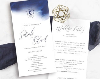 Celestial Watercolor Wedding Program, Sun Moon Stars Ceremony Program, Wedding Program Template, DIY Ceremony Program, Printable DIY Program