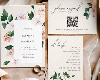 Tropical Boho Floral Wedding Suite, QR Code Reply, Destination Wedding Invite, Printable Wedding Template, Instant Download, DIY Wedding