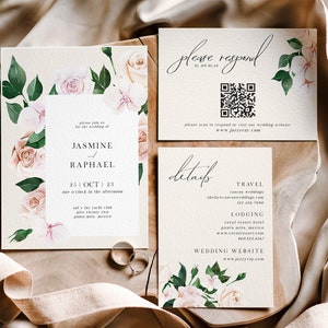 Suite de boda floral boho tropical, respuesta de código QR, invitación de boda de destino, plantilla de boda imprimible, descarga instantánea, boda DIY imagen 1