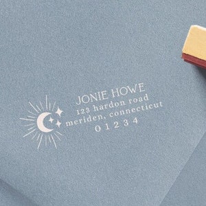 Custom Celestial Return Address Stamp, Wood Mounted Rubber Address Stamp, Sun Moon Stars Address Stamp, Custom Stamp, Wedding Stamp, 1x2.5&quot;