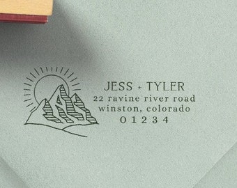 Custom Mountains Return Address Stamp, Wood Mounted Rubber Address Stamp, Camping Address Stamp, Housewarming Gift, Wedding Stamp, 1x2.5"