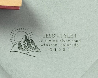 Custom Mountains Return Address Stamp, Wood Mounted Rubber Address Stamp, Camping Address Stamp, Housewarming Gift, Wedding Stamp, 1x2.5"