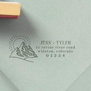 Custom Mountains Return Address Stamp, Wood Mounted Rubber Address Stamp, Camping Address Stamp, Housewarming Gift, Wedding Stamp, 1x2.5"