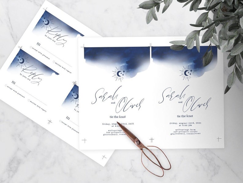 Celestial Watercolor Wedding Suite, Navy Indigo Invitation Set, Printable Wedding Template, Instant Download, DIY Wedding Set image 4