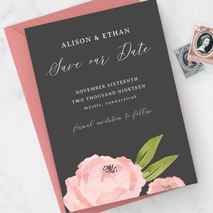 Rose Floral Save the Date Printable Template Pink Gray DIY | Etsy