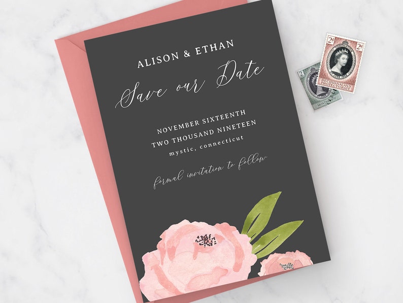Rose Floral Save the Date Printable Template Pink Gray DIY - Etsy