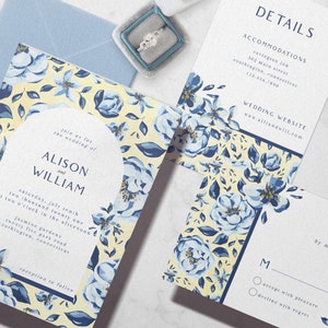 Modèle d'invitation de mariage floral jaune bleu, mariage floral français, suite de mariage voûtée, suite d'invitation imprimable image 2