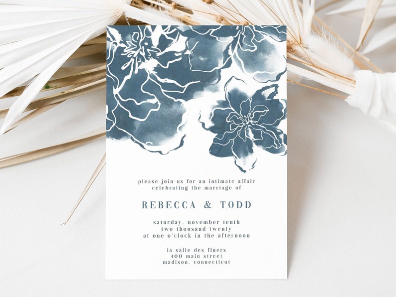 Dusty Blue Abstract Floral Wedding Invitation, Abstract Watercolor Floral Invite Template, Blue Floral Wedding Invite DIY, Printable Wedding image 1