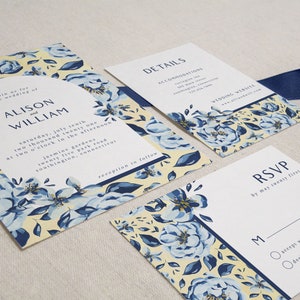 Modèle d'invitation de mariage floral jaune bleu, mariage floral français, suite de mariage voûtée, suite d'invitation imprimable image 3