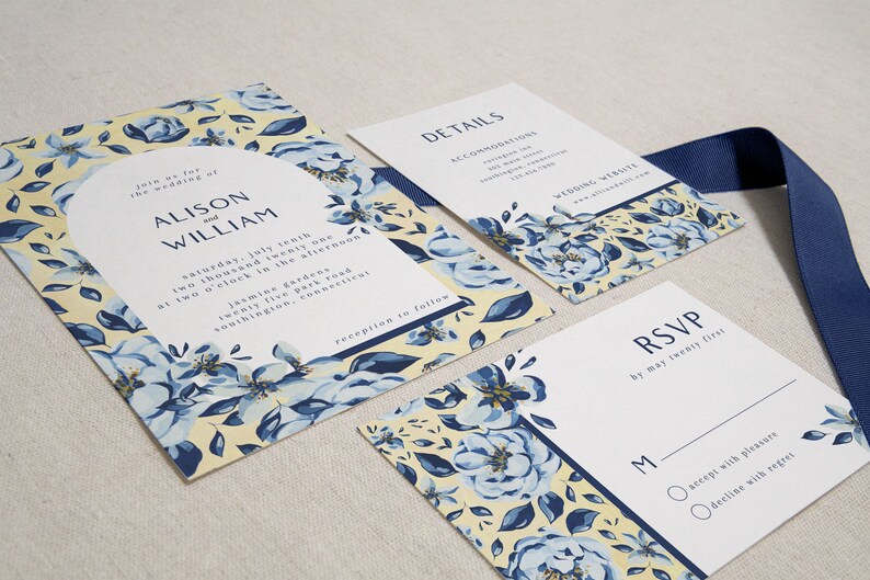 Modèle d'invitation de mariage floral jaune bleu, mariage floral français, suite de mariage voûtée, suite d'invitation imprimable image 3