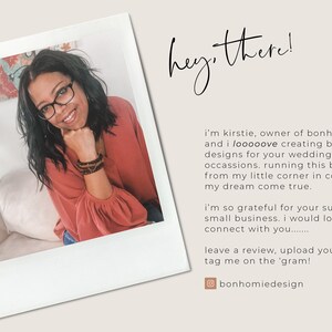 May include: A woman with dark hair and glasses smiles while sitting on a couch. The text "hey, there!" is written in cursive above her. The text below her reads "i'm kirstie, owner of bonhomieDESIGN and i looooove creating beautiful designs for your wedding + special occasions. running this business from my little corner in connecticut is my dream come true. i'm so grateful for your support of my small business. i would love to connect with you........ leave a review, upload your photos + tag me on the 'gram! bonhomiedesign"