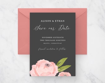 Rose Floral Save the Date Printable Template Pink Gray DIY Instant Download