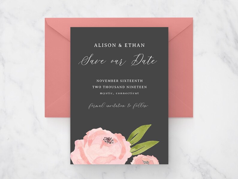 Rose Floral Save the Date Printable Template Pink Gray DIY - Etsy
