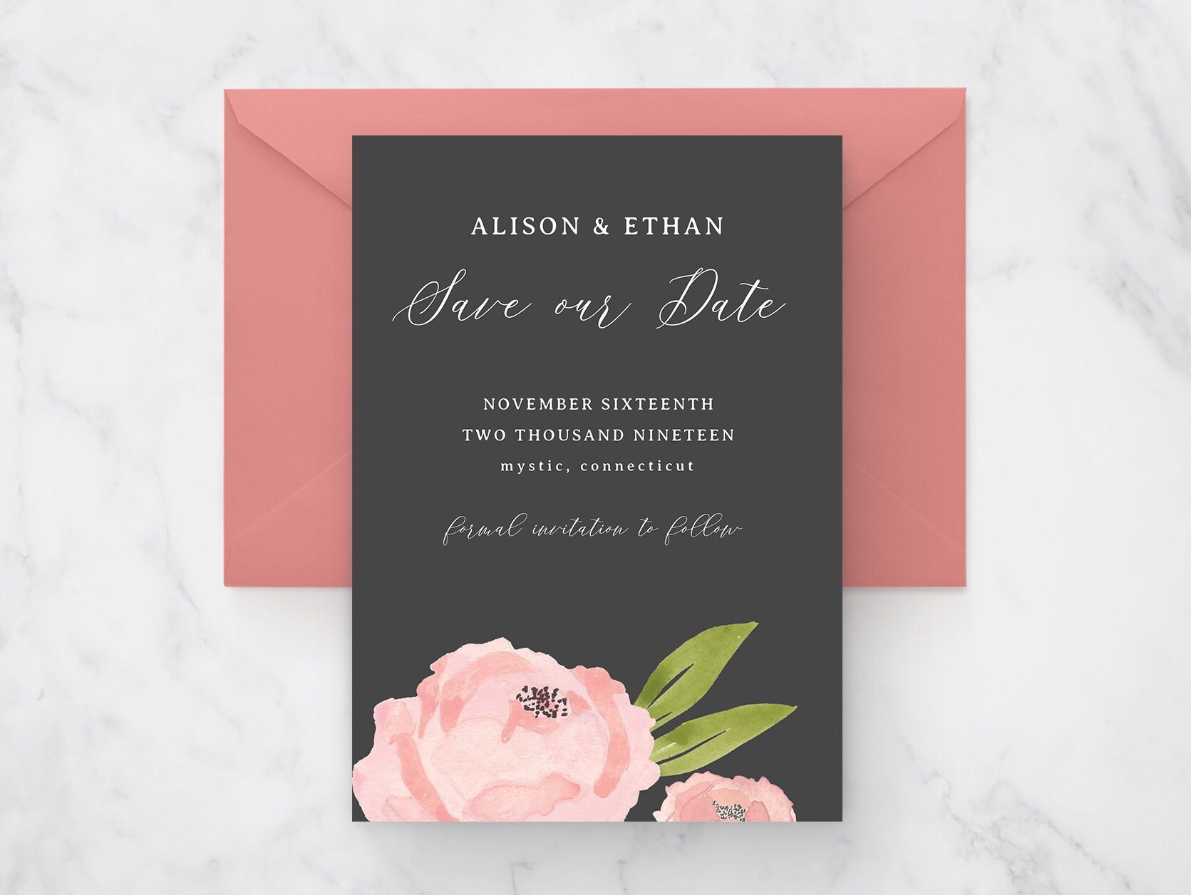 Rose Floral Save the Date Printable Template Pink Gray DIY - Etsy
