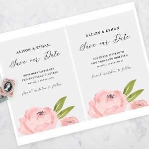 Rose Floral Save the Date Printable Template Pink Gray DIY | Etsy