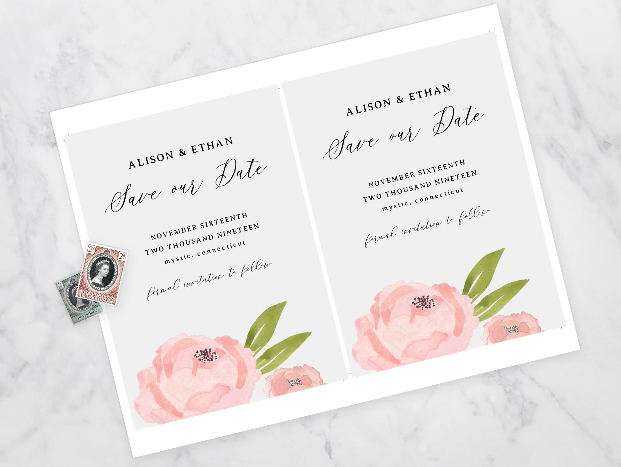 Rose Floral Save the Date Printable Template Pink Gray DIY - Etsy