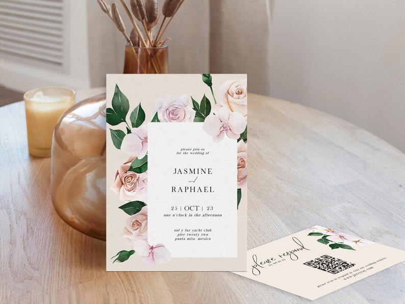 Suite de boda floral boho tropical, respuesta de código QR, invitación de boda de destino, plantilla de boda imprimible, descarga instantánea, boda DIY imagen 3