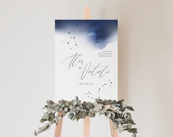 Celestial Watercolor Wedding Welcome Sign Template, Star Sign Welcome, Zodiac Constellation Sign, "Our Love was Written in the Stars"