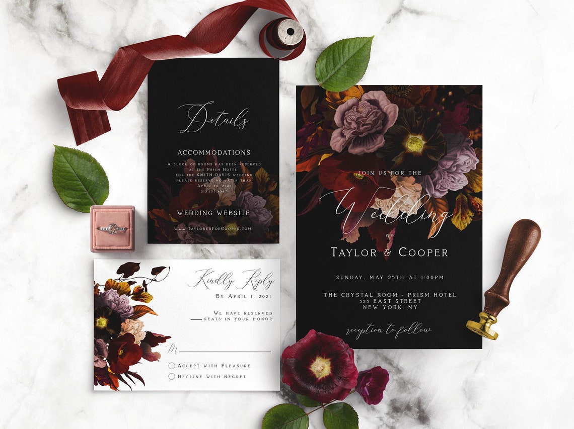 Black Mauve Wine Moody Floral Wedding Invitation Suite image 1