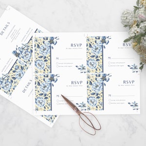 Modèle d'invitation de mariage floral jaune bleu, mariage floral français, suite de mariage voûtée, suite d'invitation imprimable image 5