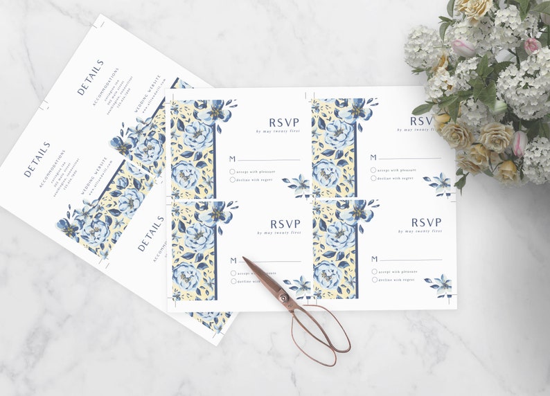 Modèle d'invitation de mariage floral jaune bleu, mariage floral français, suite de mariage voûtée, suite d'invitation imprimable image 5