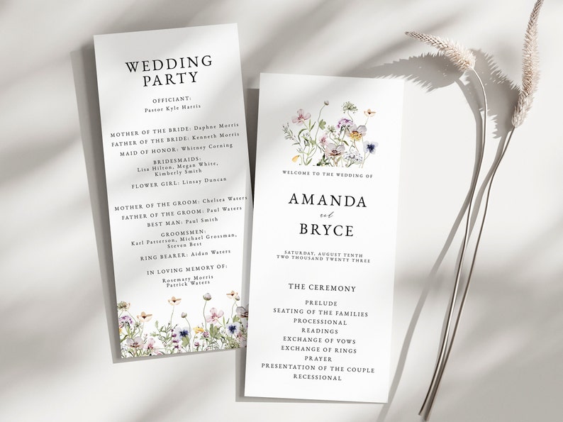 Wildflower Wedding Program, Cottage Garden Program Template, Printable Wedding Program, Boho Wedding Template, DIY Customizable Template image 3