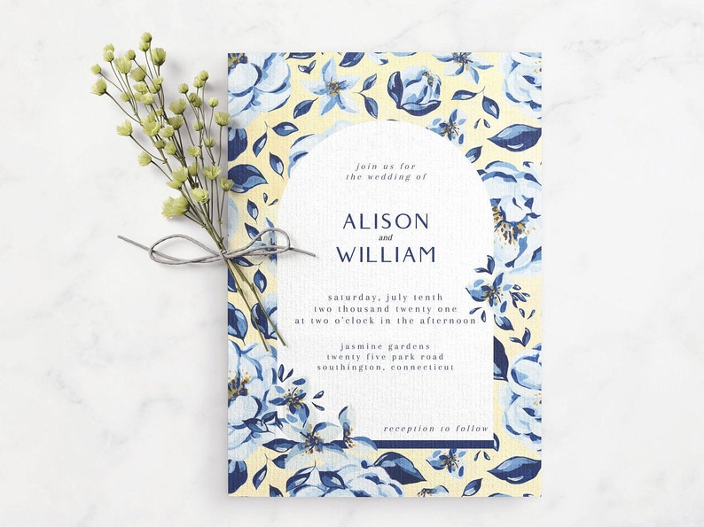 Modèle d'invitation de mariage floral jaune bleu, mariage floral français, suite de mariage voûtée, suite d'invitation imprimable image 4