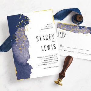 Geode Blue Gold Modern Watercolor Invitation Suite Printable Template DIY Instant Download image 2