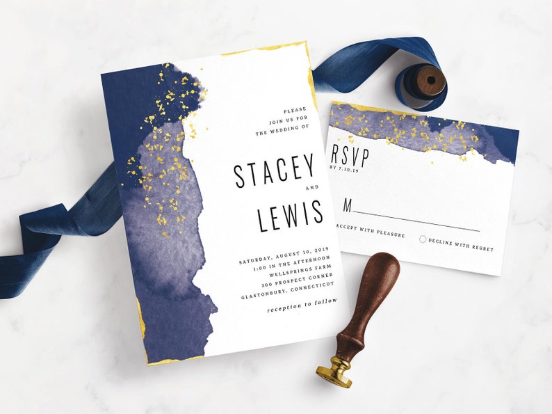 Geode Blue Gold Modern Watercolor Invitation Suite Printable Template DIY Instant Download image 2