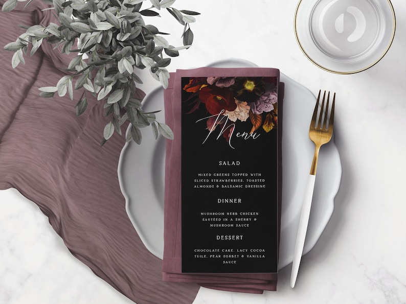 Moody Floral Wedding Menu Template Elegant Dinner Menu Printable Floral Menu Editable Menu Template Gothic Menu image 2