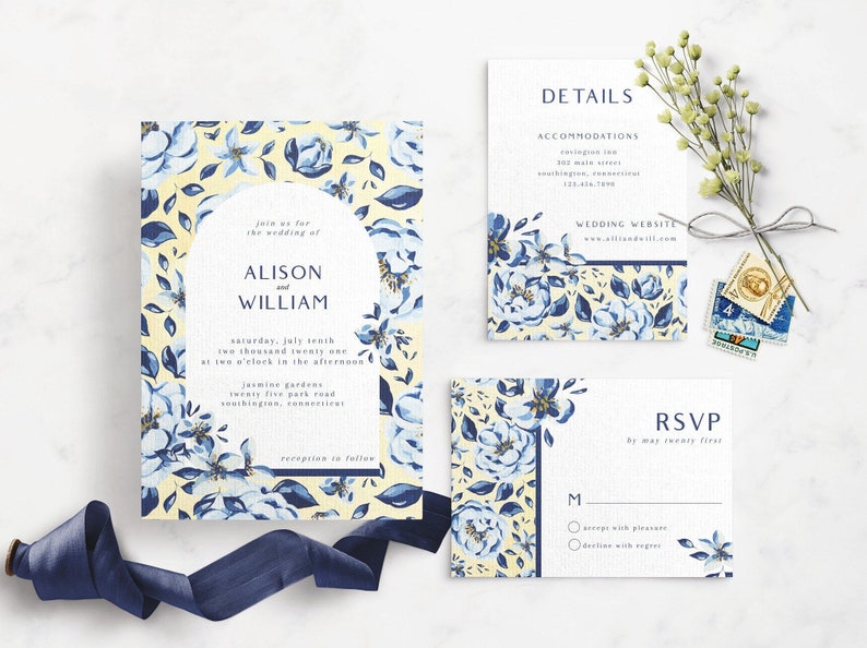 Modèle d'invitation de mariage floral jaune bleu, mariage floral français, suite de mariage voûtée, suite d'invitation imprimable image 1