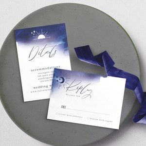 Celestial Watercolor Wedding Suite, Navy Indigo Invitation Set, Printable Wedding Template, Instant Download, DIY Wedding Set image 3