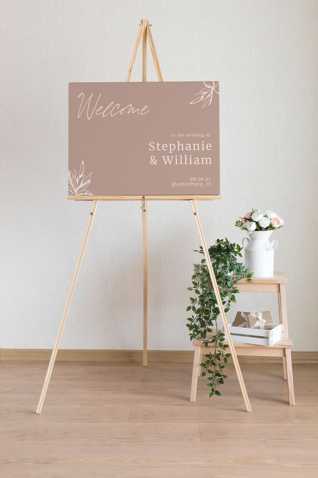 Minimal Cocoa Taupe Beige Greenery Wedding Welcome Sign Template ...