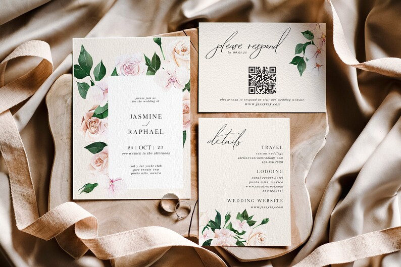 Suite de boda floral boho tropical, respuesta de código QR, invitación de boda de destino, plantilla de boda imprimible, descarga instantánea, boda DIY imagen 1