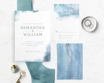 Wedding Invitation Template Blue Green Aqua Watercolor Modern RSVP Details Best Listing Printable