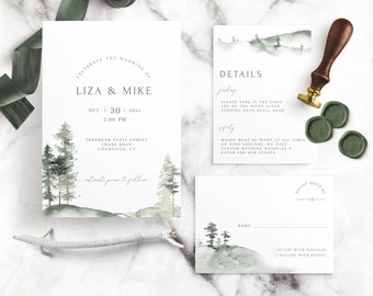 Forest Woodland Pine Trees Wedding Invitation Template RSVP Details Best Listing Printable