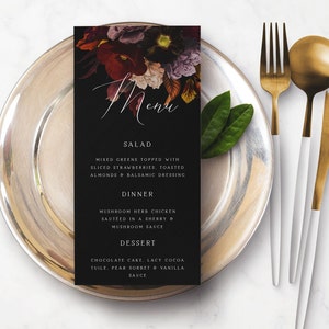 Moody Floral Wedding Menu Template Elegant Dinner Menu Printable Floral Menu Editable Menu Template Gothic Menu image 1