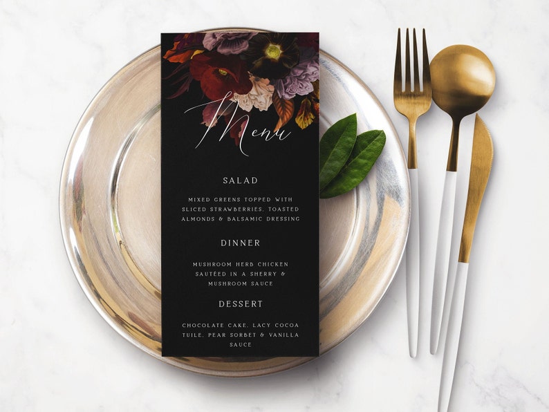 Moody Floral Wedding Menu Template Elegant Dinner Menu Printable Floral Menu Editable Menu Template Gothic Menu image 1