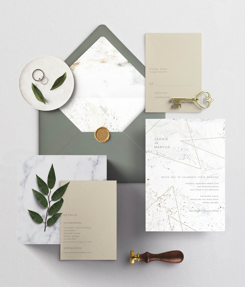 Printable Modern Marble Geometric Wedding Invitation Suite RSVP Details Card image 1