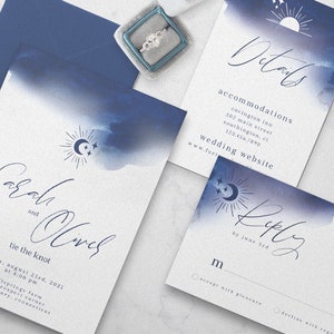 Celestial Watercolor Wedding Suite, Navy Indigo Invitation Set, Printable Wedding Template, Instant Download, DIY Wedding Set image 1