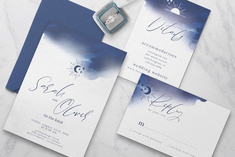 Celestial Watercolor Wedding Suite, Navy Indigo Invitation Set, Printable Wedding Template, Instant Download, DIY Wedding Set image 1