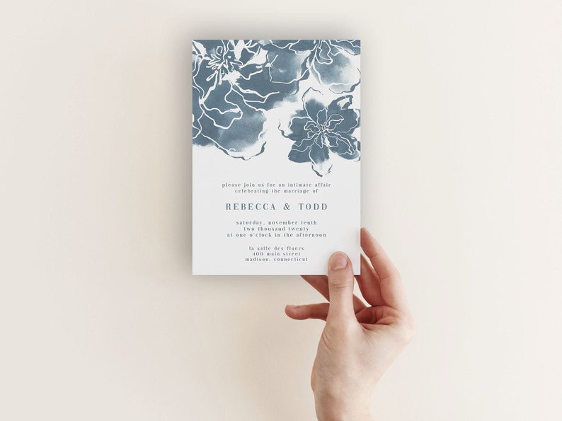 Dusty Blue Abstract Floral Wedding Invitation, Abstract Watercolor Floral Invite Template, Blue Floral Wedding Invite DIY, Printable Wedding image 2