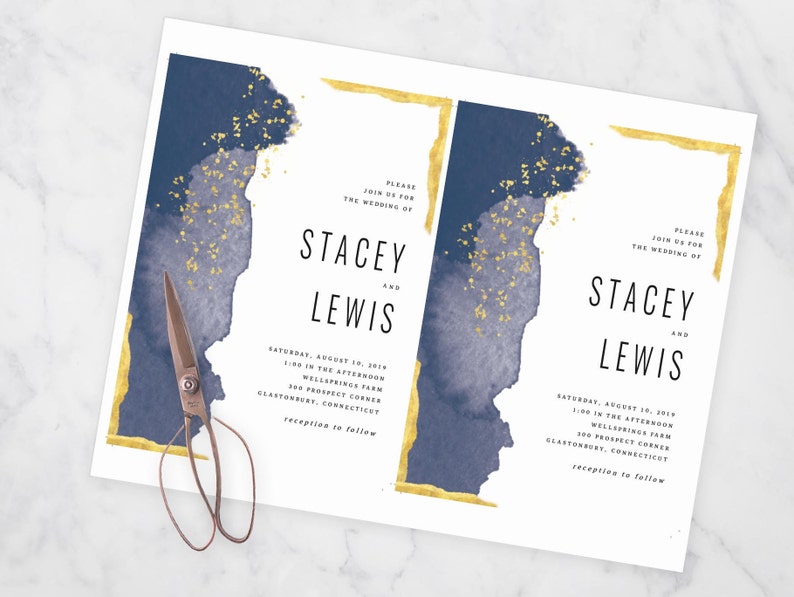 Geode Blue Gold Modern Watercolor Invitation Suite Printable Template DIY Instant Download image 3