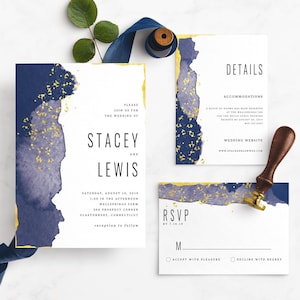 Geode Blue Gold Modern Watercolor Invitation Suite Printable Template DIY Instant Download image 1