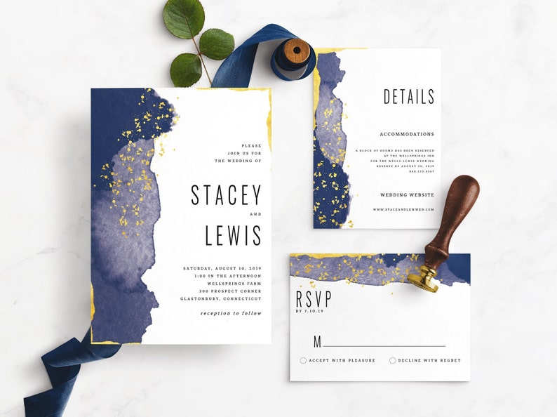 Geode Blue Gold Modern Watercolor Invitation Suite Printable Template DIY Instant Download image 1