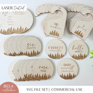 Ensemble complet de ronds en bois SVG pour bébé sur le thème de la forêt, fichier de découpe numérique pour laser Glowforge, boisé neutre entre les sexes PNW