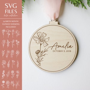Conjunto de arquivos de mês de nascimento SVG | 24 enfeites de Natal | Arte floral moderna vintage de feriado | Padrões fáceis de corte a laser para gravação em madeira
